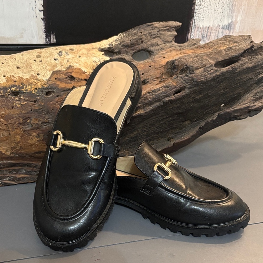 Sincerely Jules Black Mules with Gold Accent